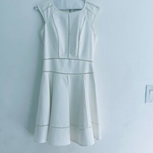 Reiss Ivory Mini Dress with eyelet. wedding guest, dinner, upscale event